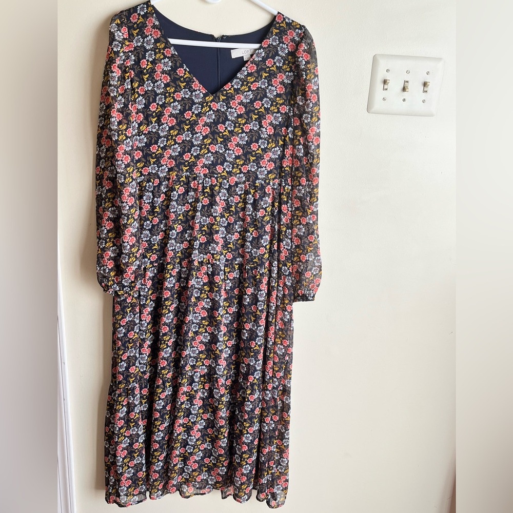 LOFT Navy Floral V-Neck Midi Dress with Pink & White Blooms